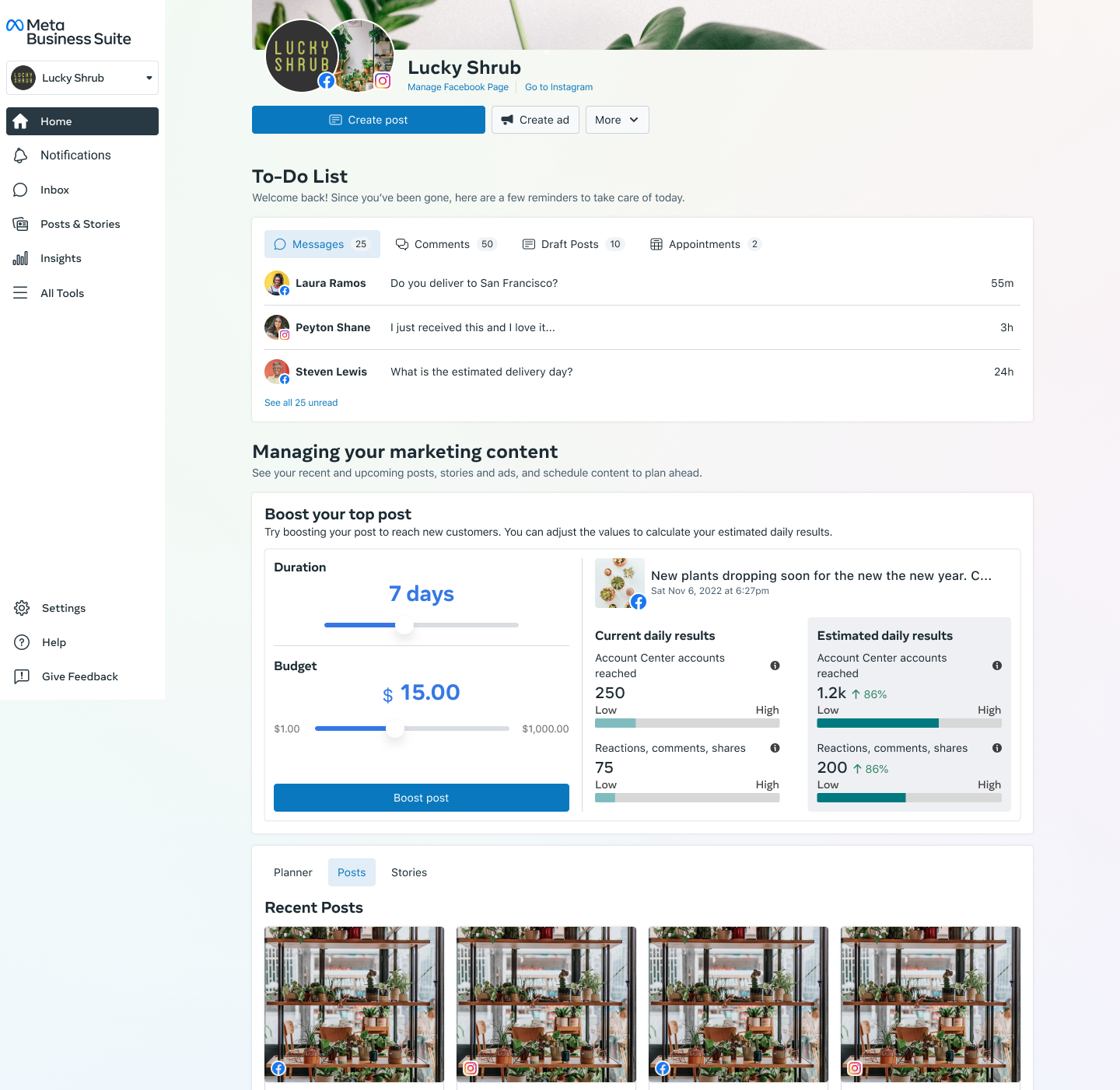 Business Suite home for Lucky Shrub featuring the Boost your top post module — duration and budget sliders alongside current and estimated daily results for account reach and engagement