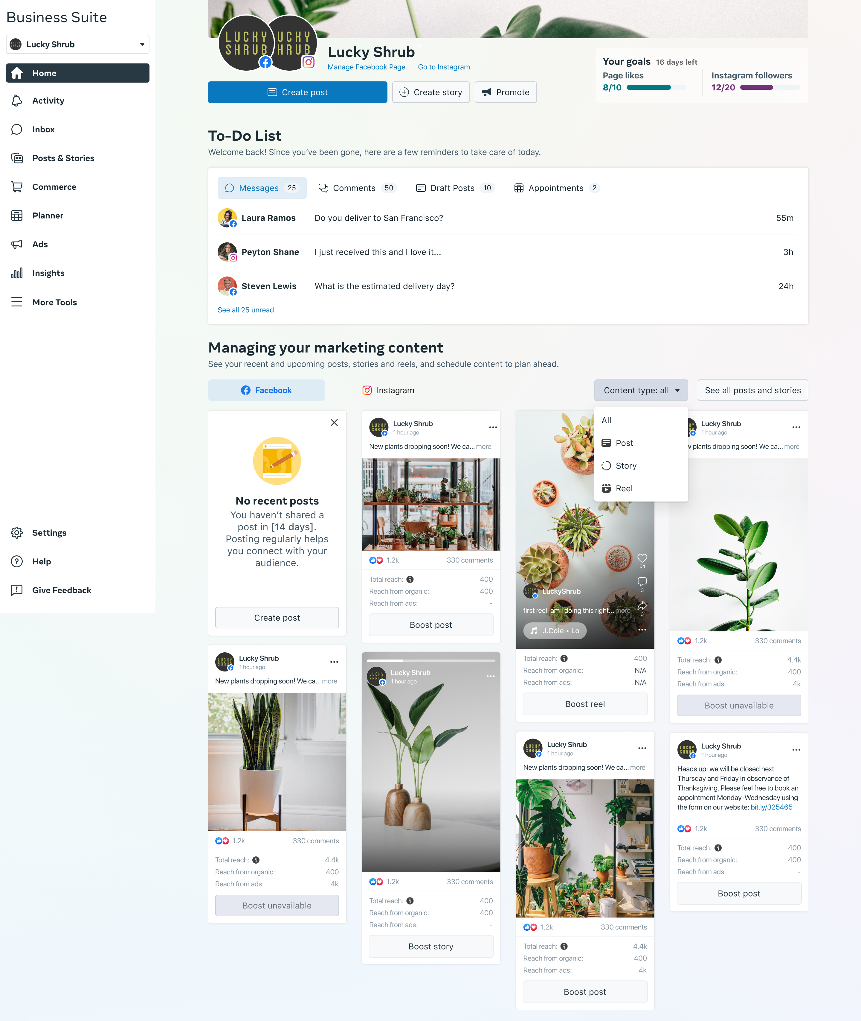 Business Suite home view for Lucky Shrub — to-do list of messages, comments and drafts, performance signals on recent posts, and a content grid of Facebook posts and Instagram reels