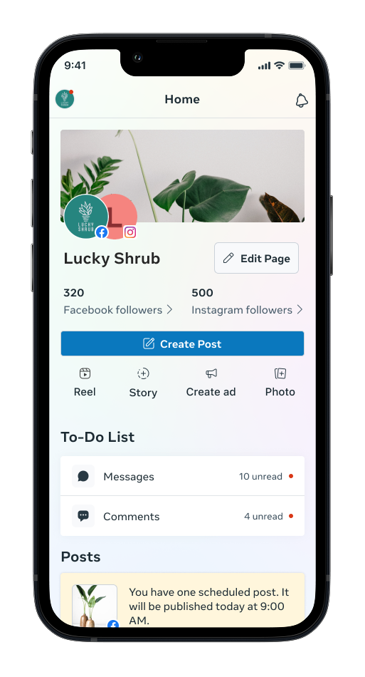 Meta Business Suite mobile app — Lucky Shrub home screen showing follower counts, Create Post action, To-Do list with unread Messages and Comments, and a scheduled post card